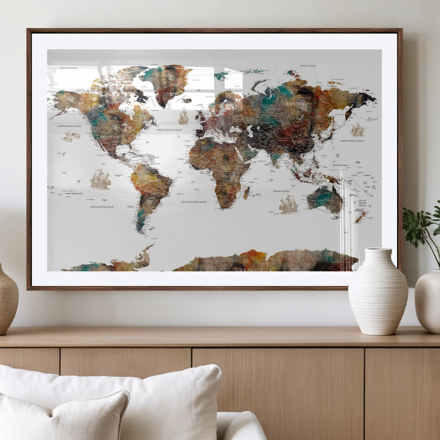 82293175-MGV-CV-36X24 - World Map Wall Art Canvas Print, Modern Decorative Framed Map Artwork Prints for Living Room, Office, Bedroom Wall Decor