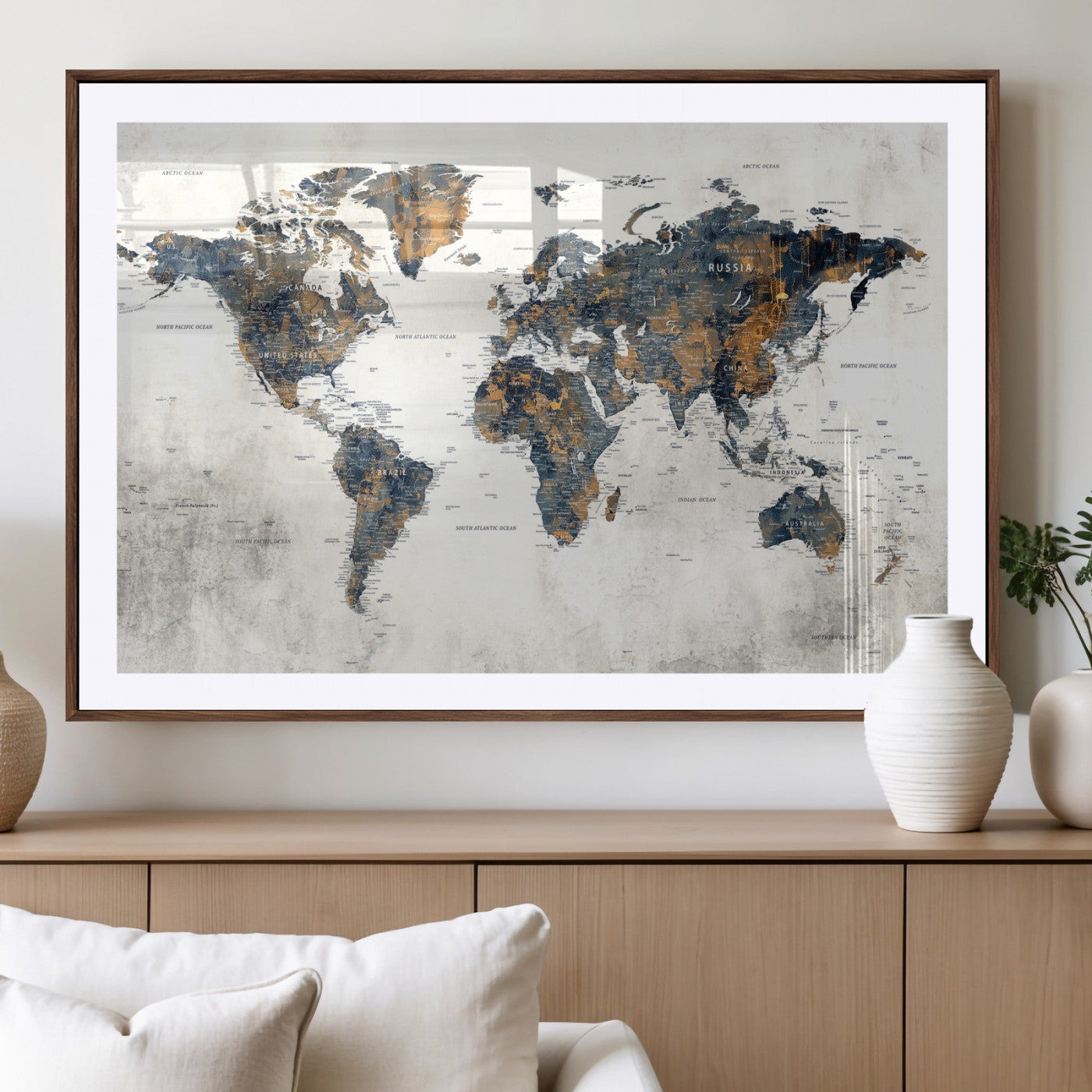 52451147-MGV-CV-36X24 - World Map Wall Art Canvas Print, Modern Decorative Framed Map Artwork Prints for Living Room, Office, Bedroom Wall Decor