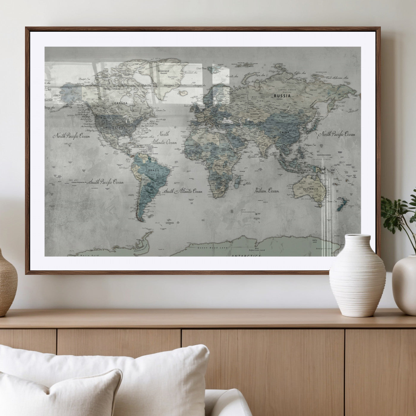 91132939-MGV-CV-36X24 - World Map Wall Art Canvas Print, Modern Decorative Framed Map Artwork Prints for Living Room, Office, Bedroom Wall Decor