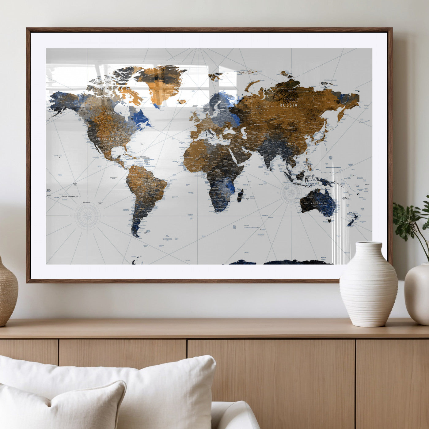 56364879-MGV-CV-36X24 - World Map Wall Art Canvas Print, Modern Decorative Framed Map Artwork Prints for Living Room Decor