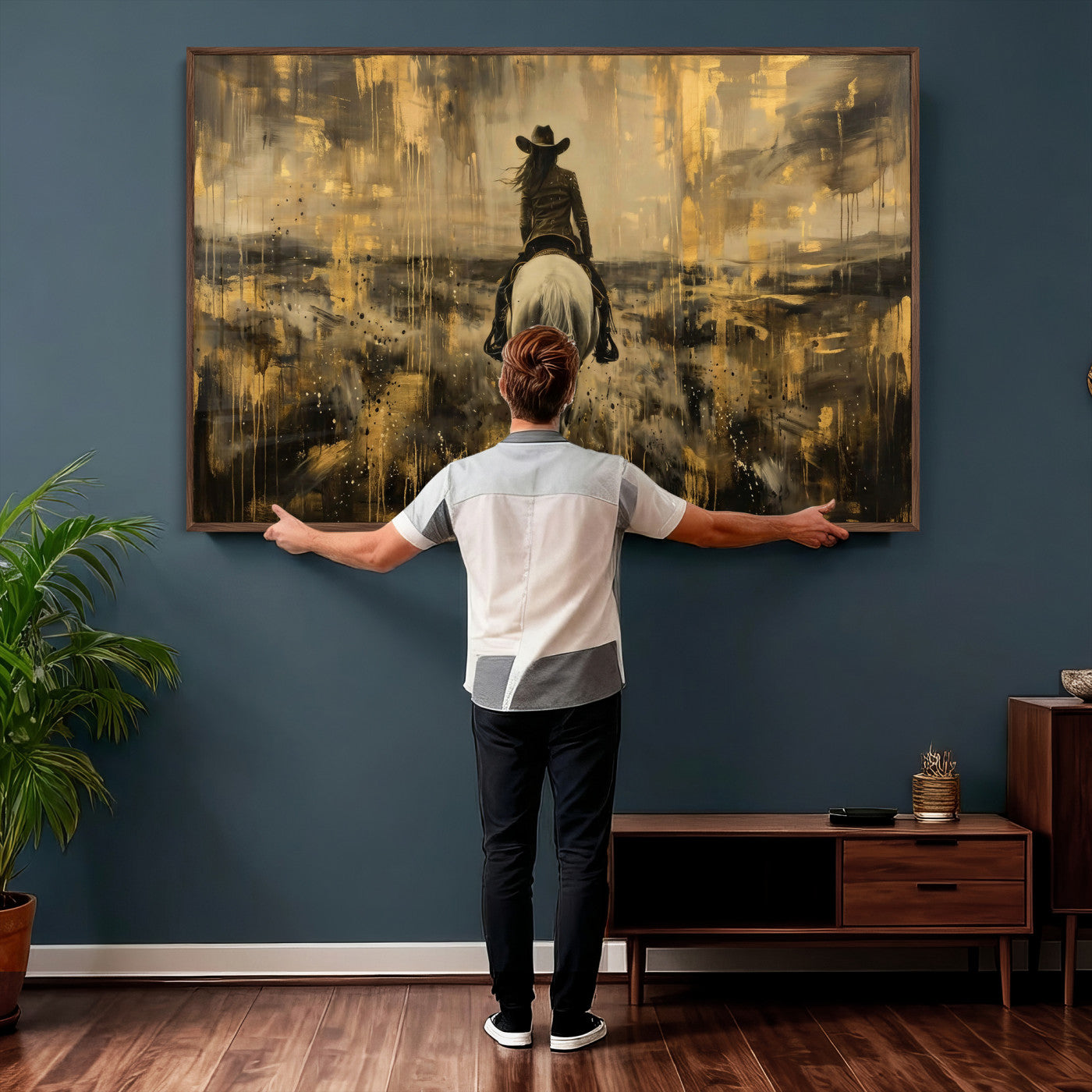 20465530-MGV-CV-36X24 - Cowgirl Wall Art Canvas Print, Western Horse Rider Wall Art, Framed Wall Art Ready to Hang