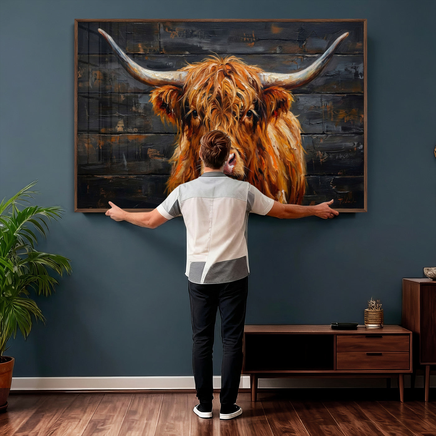 32536611-MGV-CV-36X24 - Highland Cow Wall Art Canvas Print, Rustic Farm Animal Painting, Framed Wall Art Ready to Hang
