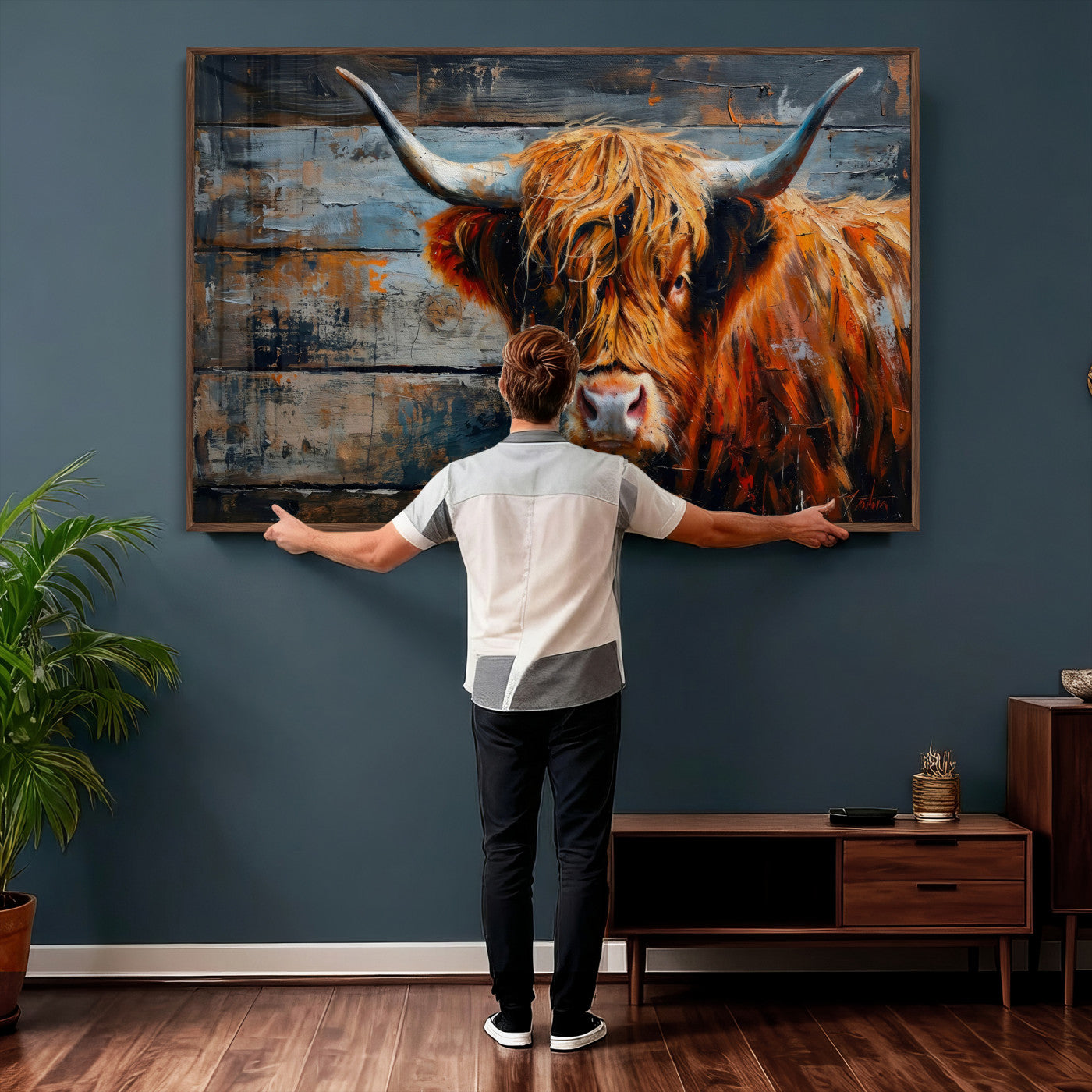 90271423-MGV-CV-36X24 - Highland Cow Wall Art Canvas Print, Abstract Rustic Farm Animal Wall Art Print, Framed Wall Art Ready to Hang