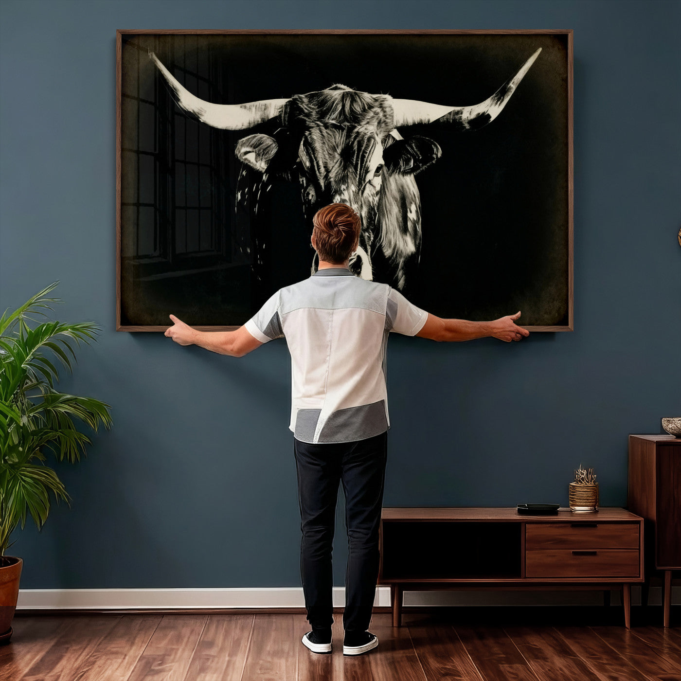 91364114-MGV-CV-36X24 - Black Bull Wall Art Canvas Print, Texas Longhorn Portrait Print, Framed Wall Art Ready to Hang