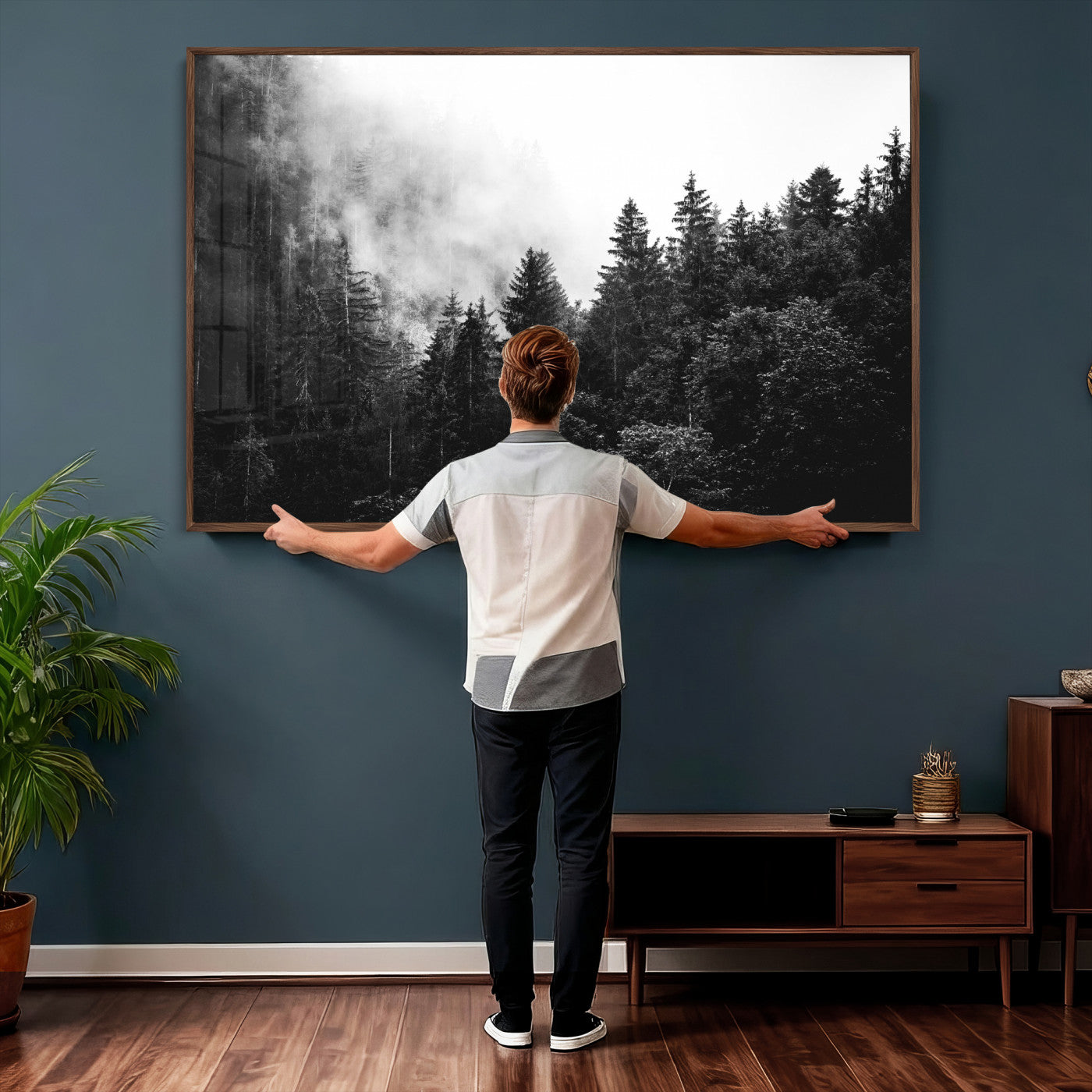 98764151-MGV-CV-36X24 - Black and White Forest Wall Art Canvas Print, Misty Pine Tree Landscape Photography, Framed Wall Art Ready to Hang