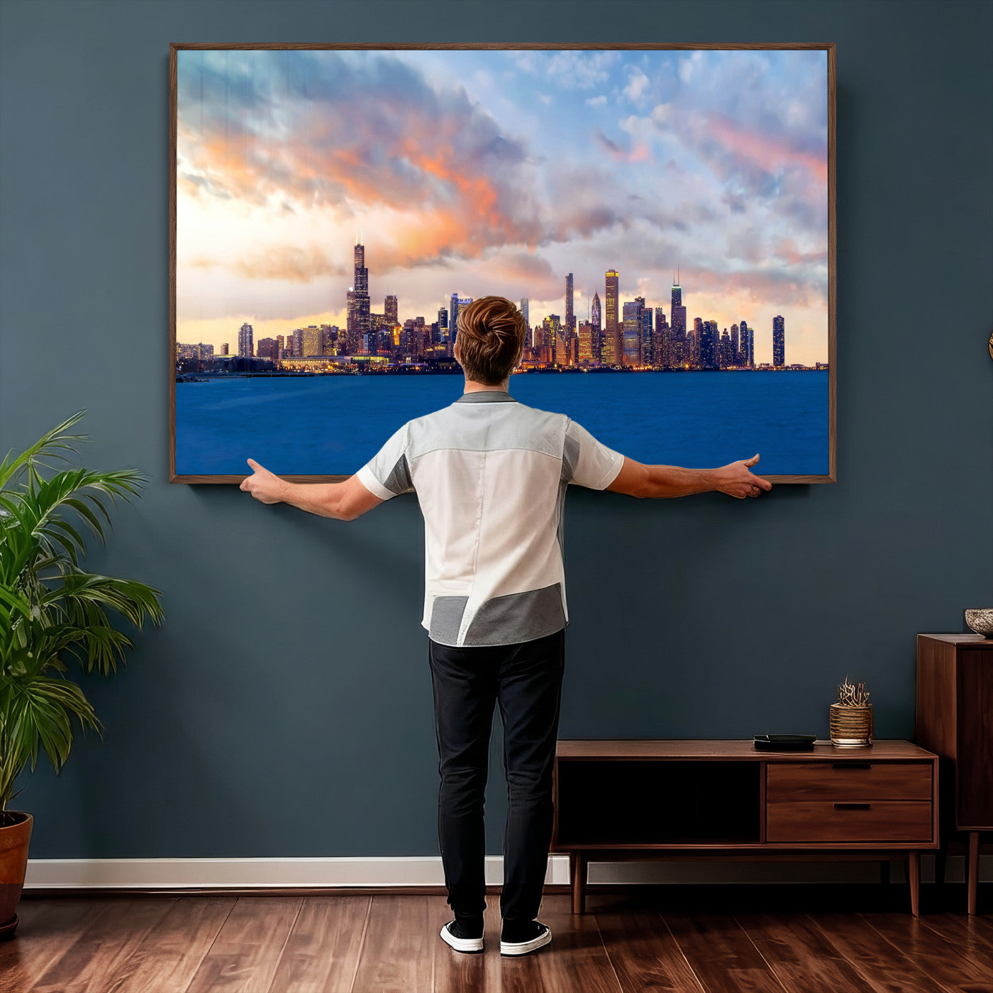 34667960-MGV-CV-36X24 - Chicago Wall Art Canvas Print, Chicago City Downtown Night Cityscape Print for Modern Urban Wall Decor