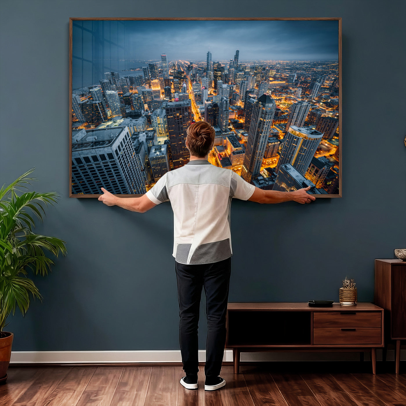 81742538-MGV-CV-36X24 - Chicago Wall Art Canvas Print, Chicago City Downtown Night Cityscape Print for Modern Urban Wall Decor