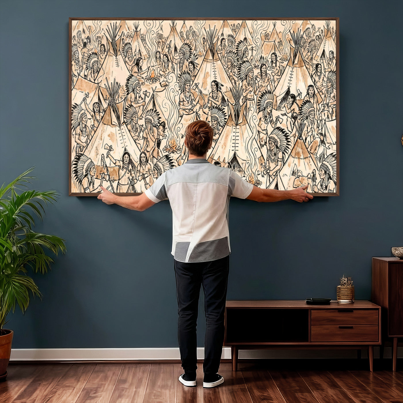 72739176-MGV-CV-36X24 - Farmhouse Animals Wall Art Canvas Print - Abstract Farm Animal Drawing Mid-Century Wall Art for Cabin Decor