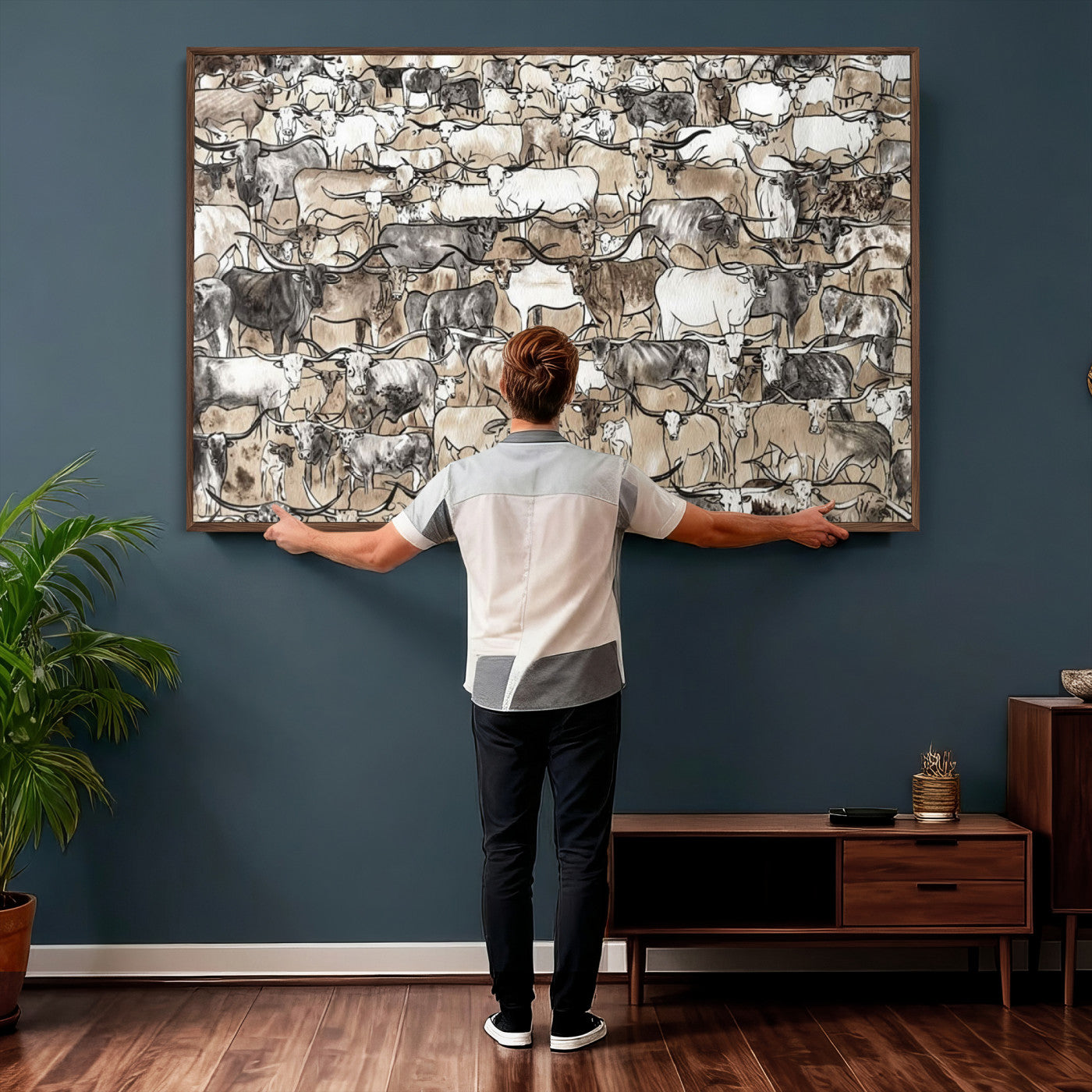 64368752-MGV-CV-36X24 - Farmhouse Animals Wall Art Canvas Print - Abstract Farm Animal Drawing Mid-Century Wall Art for Cabin Decor