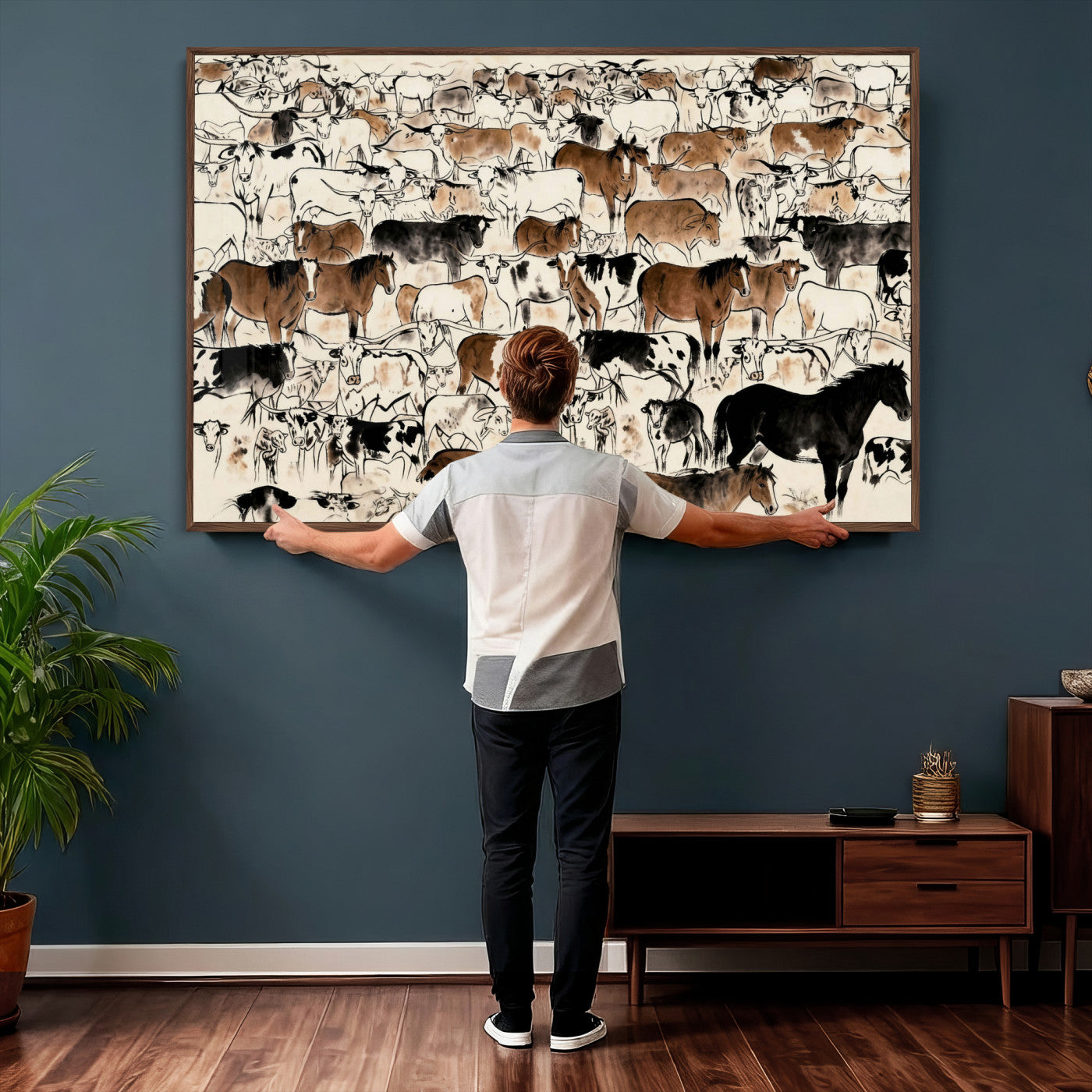 86150485-MGV-CV-36X24 - Farmhouse Animals Wall Art Canvas Print - Abstract Farm Animal Drawing Mid-Century Wall Art for Cabin Decor