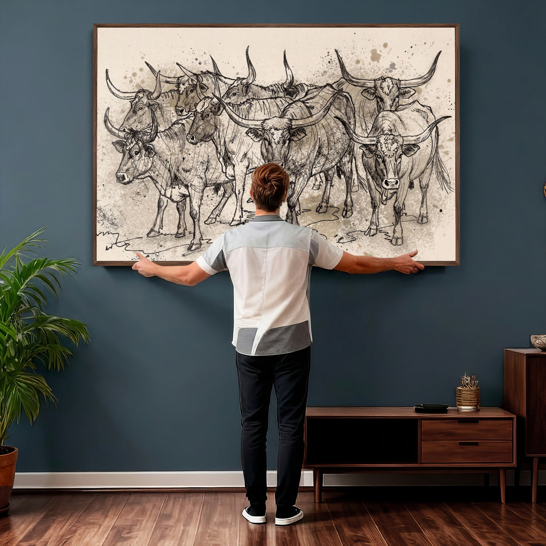 Abstract Cow Longhorn Wall Art Canvas Print for Cabin Decor