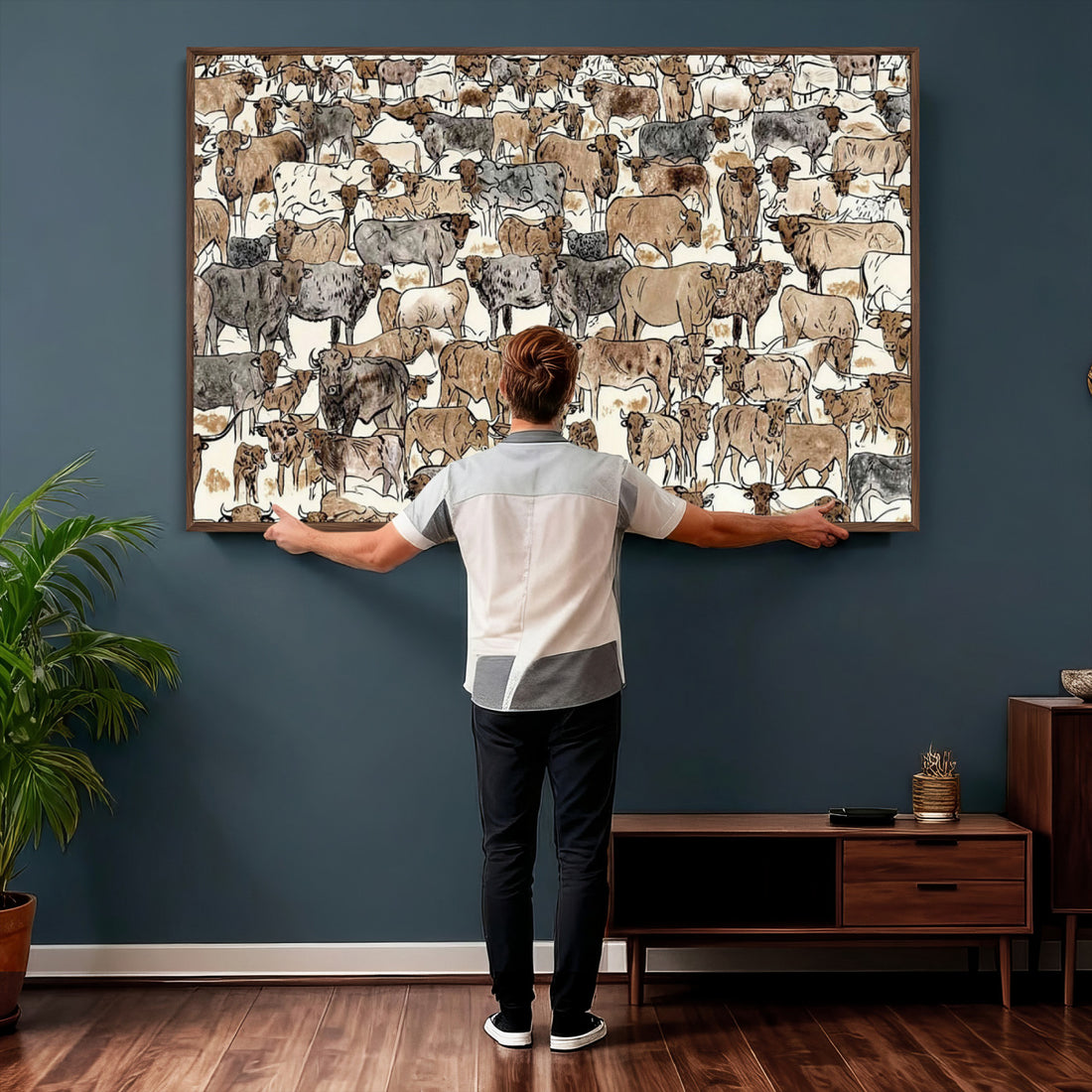 Abstract Longhorn Wall Art Canvas Print, Cow Animal Drawing