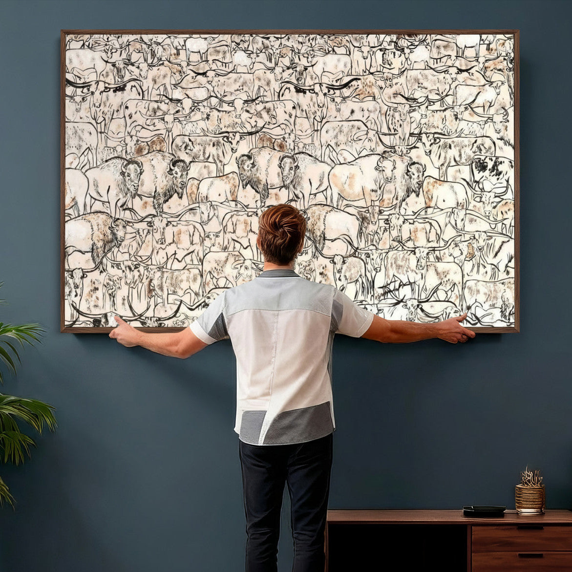 36925875-MGV-CV-36X24 - Farmhouse Animals Wall Art Canvas Print - Abstract Farm Animal Drawing Mid-Century Wall Art for Cabin Decor