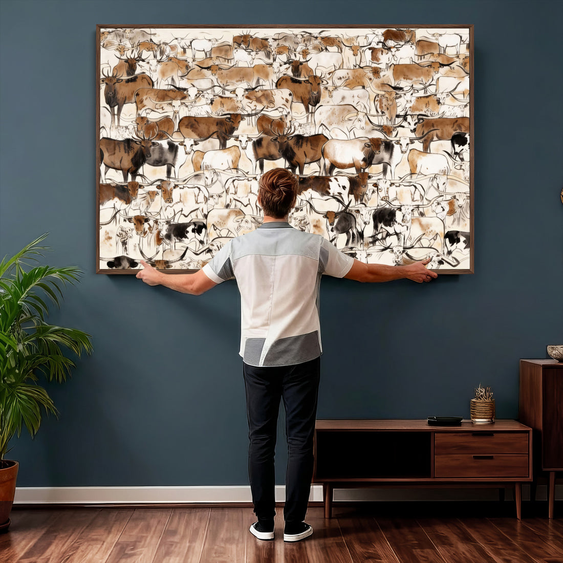 Large Longhorn Wall Art Canvas Print, Abstract Cow Animal Drawing, Mid-Century Cabin Decor