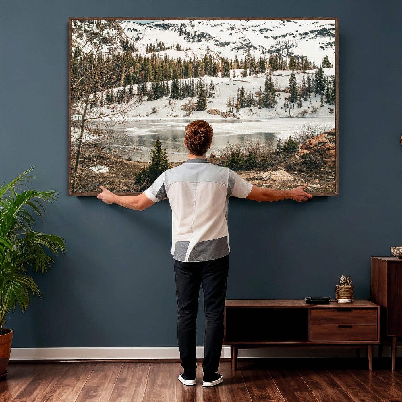 10336249-MGV-CV-36X24 - Snowy Mountain Landscape Wall Art Canvas Print, Alpine Pine Forest Winter Nature Wall Decor for Living Room and Office