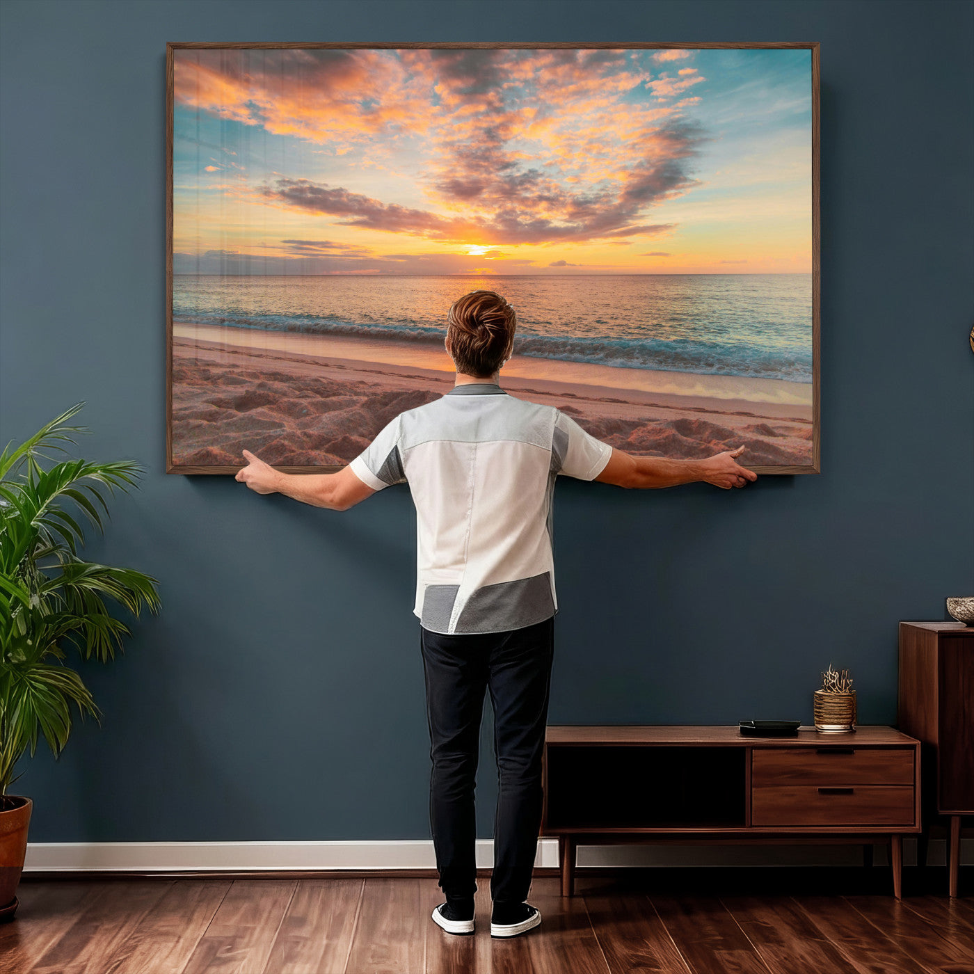 47151409-MGV-CV-36X24 - Sunset Beach Walk Wall Art Canvas Print – Soft Coastal Photography Artwork Print for Bedroom, Living Room, and Serene Home Decor