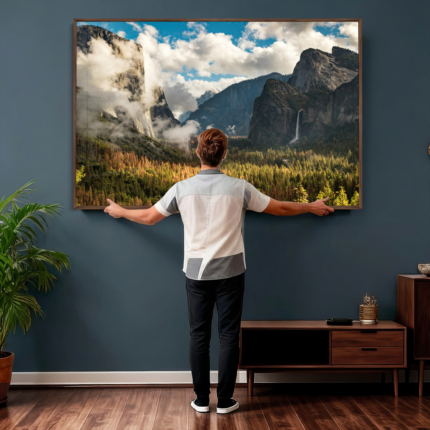 18271001-MGV-CV-36X24 - Yosemite Valley River Landscape Wall Art Canvas Print, Granite Cliffs Forest River Canvas Print, California National Park Moody Scenic Art Printi