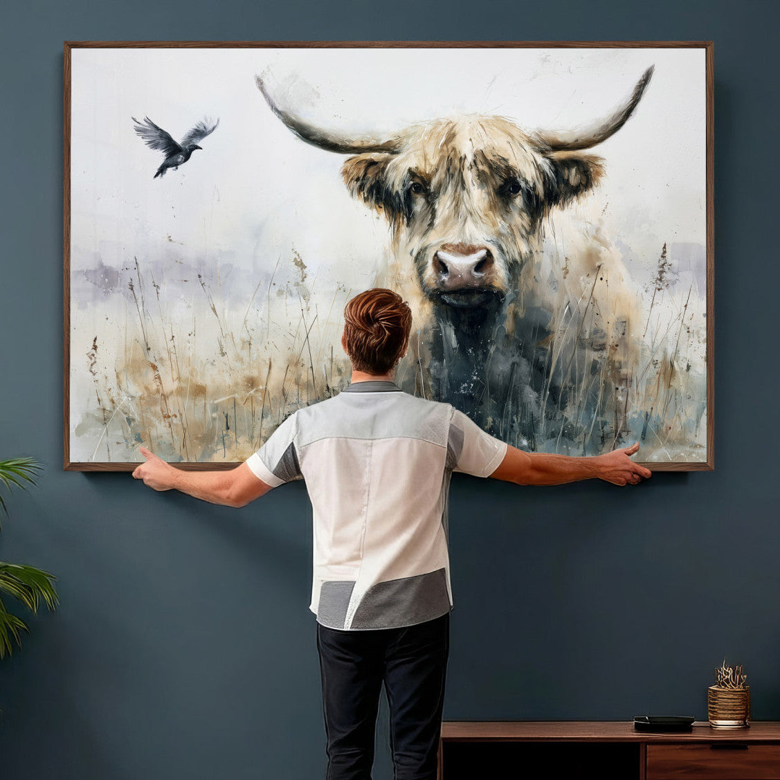 55652651-MGV-CV-36X24 - Abstract Highland Cow Watercolor Animal Wall Art Canvas Print, Rustic Farm Cattle Portrait Canvas Print, Neutral Wildlife Farmhouse Art Printing