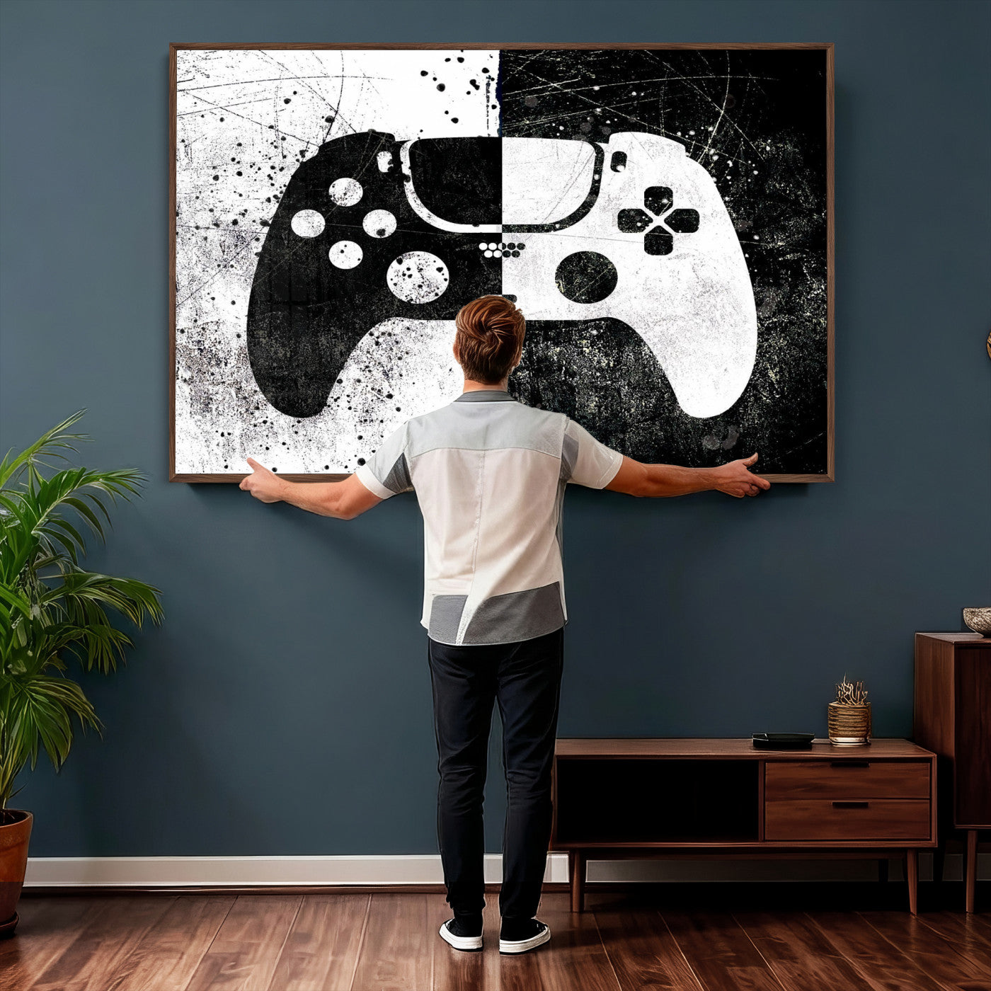 17525128-MGV-CV-36X24 - Abstract Gaming Controller Wall Art Canvas Print, Black White Video Game Controller Modern Canvas Print, Minimal Gamer Graphic Art Printing