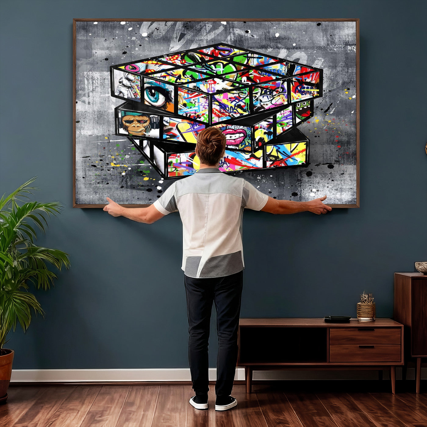 46789556-MGV-CV-36X24 - Graffiti Cube Abstract Street Art Wall Art Canvas Print, Colorful Urban Pop Art Geometric Canvas Print, Modern Street Art Contemporary Art Printing