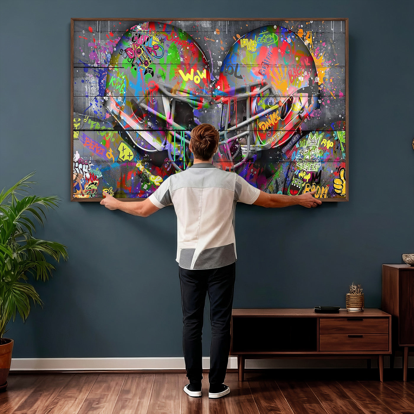 15309853-MGV-CV-36X24 - Graffiti Football Helmets Wall Art Canvas Print, Urban Street Art Sports Decor, Colorful American Football Graffiti Artwork