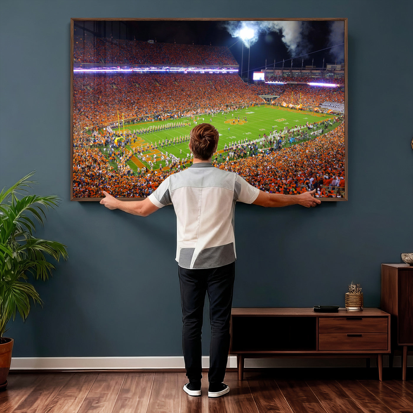 43662631-MGV-CV-36X24 - Clemson Football Stadium Wall Art Canvas Print, College Football Crowd Night Game Scene, Orange Stadium Panorama Wall Decor