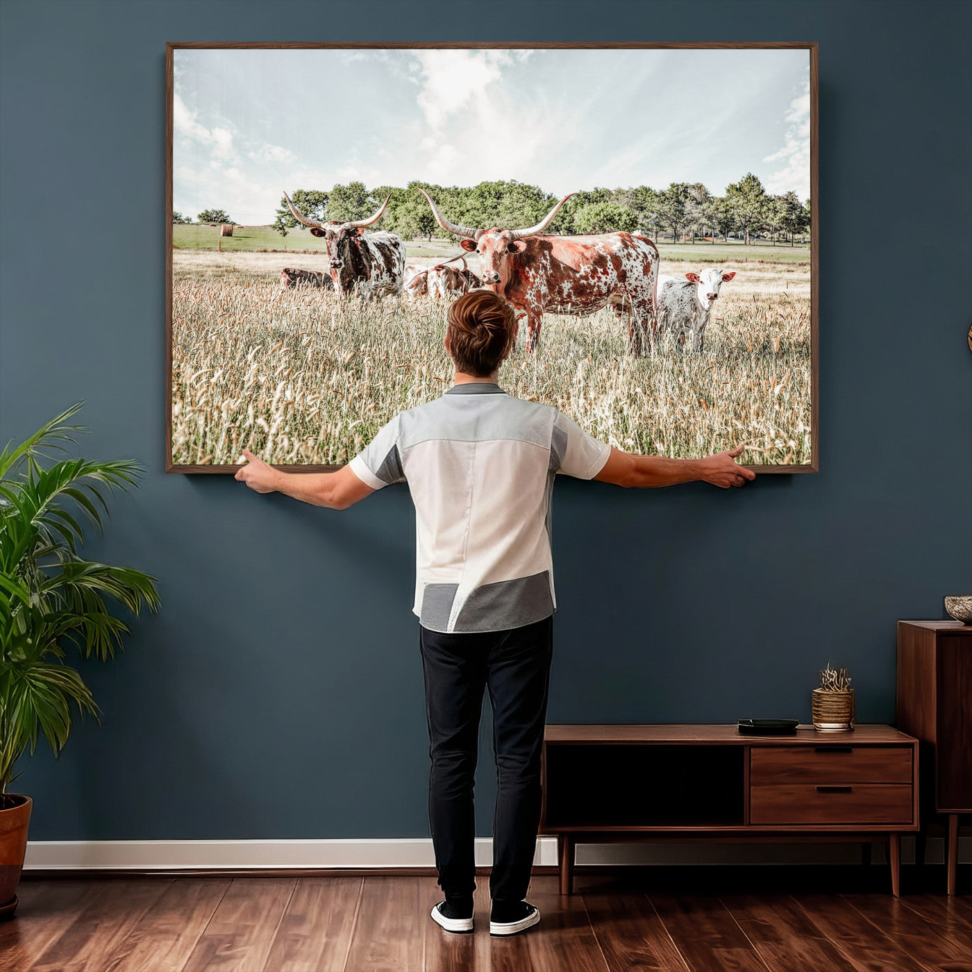 21823552-MGV-CV-36X24 - Texas Longhorn Cattle Wall Art Canvas Print, Rustic Ranch Landscape Artwork, Western Farm Field Scene, Country Prairie Animal Canvas Wall Art