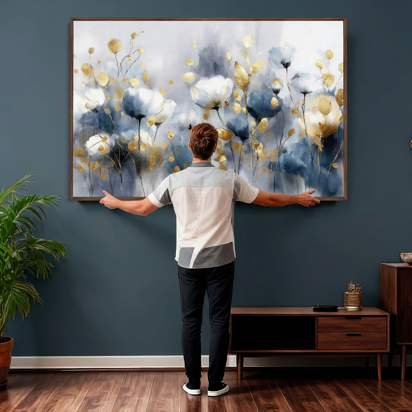 84358857-MGV-CV-36X24 - Large Abstract Flowers Wall Art Canvas Print – Gold and Blue Botanical Artwork for Living Room, Bedroom, and Office Decor