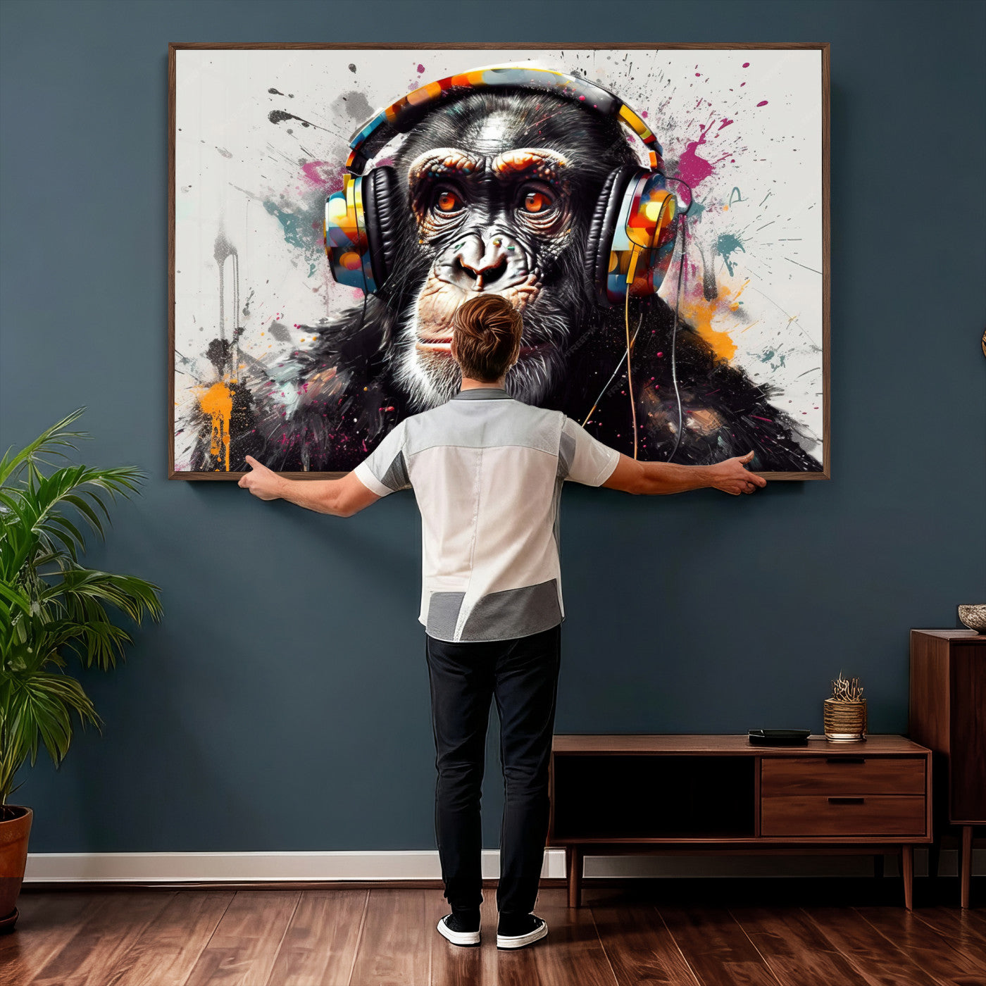 31244985-MGV-CV-36X24 - Dj Monkey Wall Art Canvas Print – Colorful Pop Art Banksy Graffiti Chimpanzee Print