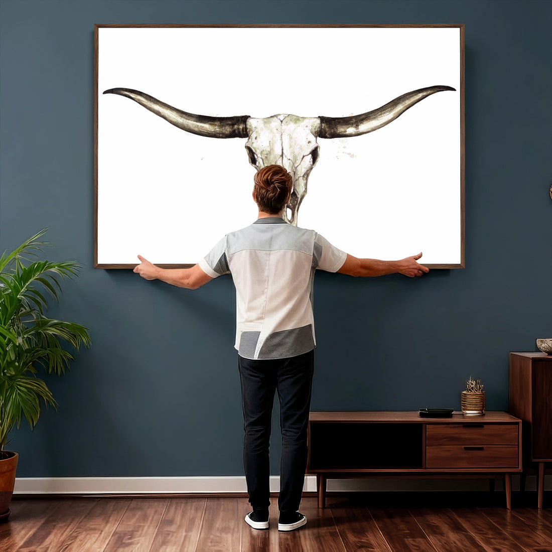 Longhorn Skull Wall Art Canvas Print, Rustic Western Decor, Framed and Ready to Hang