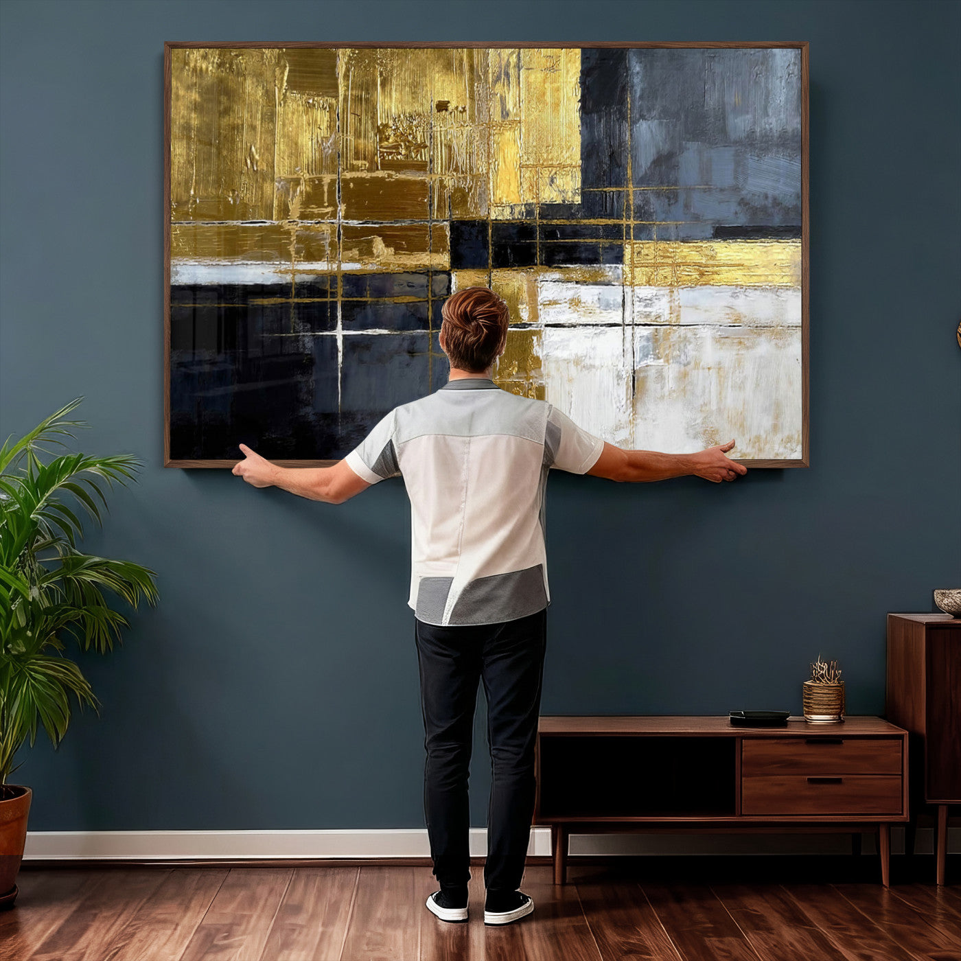 76917030-MGV-CV-36X24 - Gold Navy Abstract Wall Art Canvas Print, Modern Luxury Geometric Painting Wall Decor for Living Room and Office