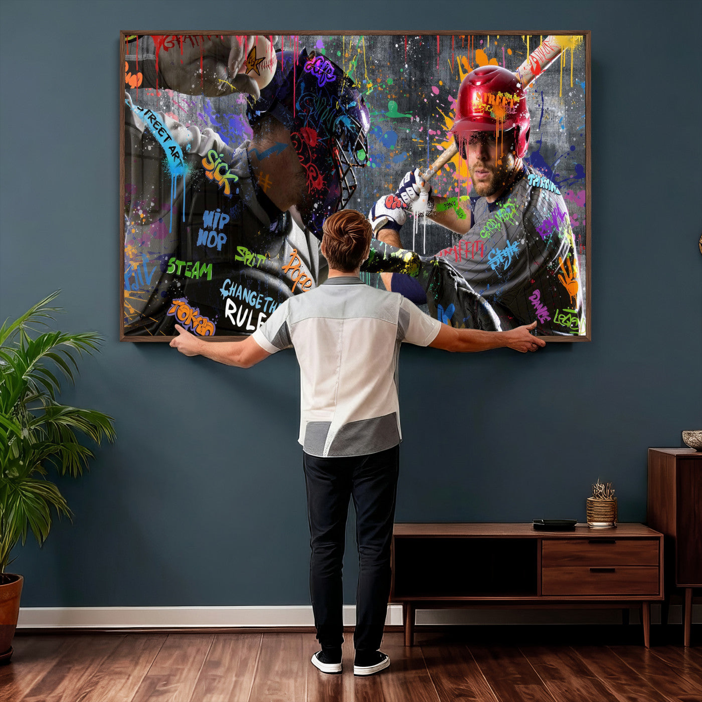 19634994-MGV-CV-36X24 - Graffiti Baseball Player Street Art Wall Art Canvas Print, Urban Sports Pop Art Baseball Canvas Print, Modern Athletic Graffiti Contemporary Art Printing