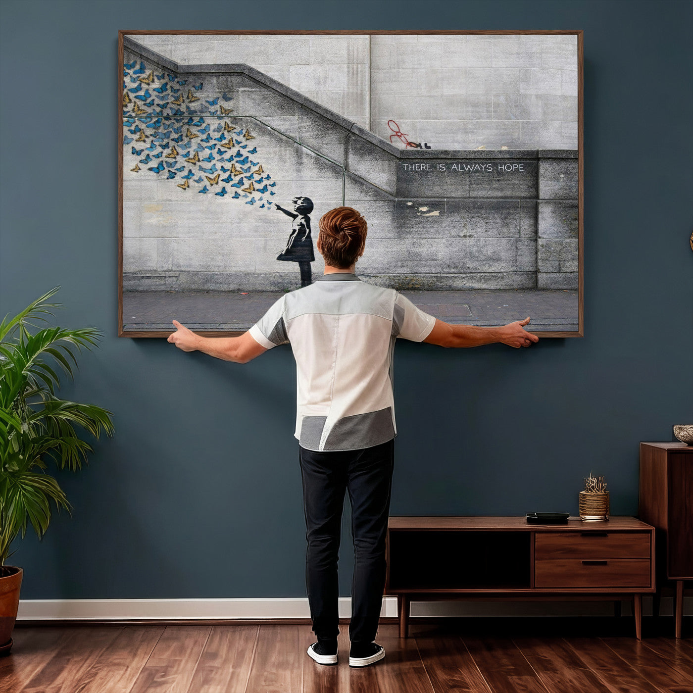 15274223-MGV-CV-36X24 - Banksy Girl with Butterflies Street Art Wall Art Canvas Print, Hope Graffiti Urban Art Canvas Print, Minimalist Inspirational Street Art Contemporary Art Printing