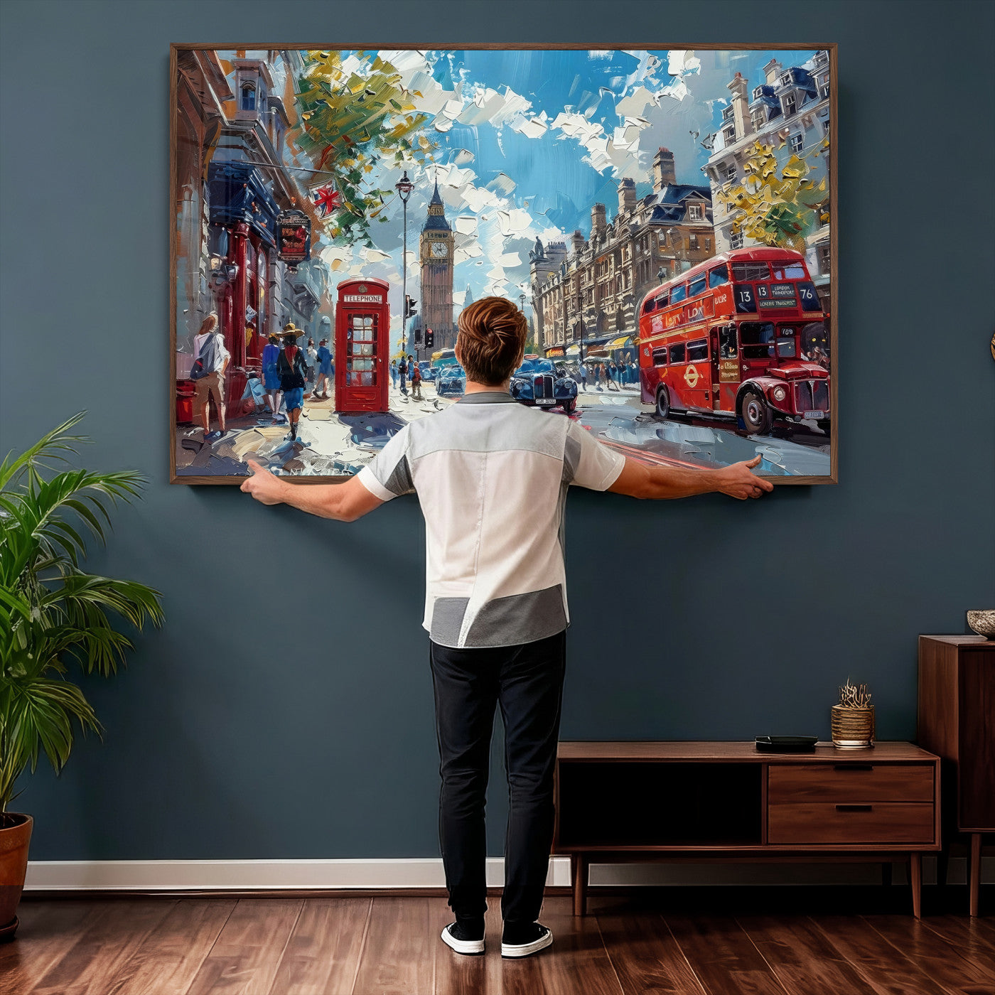 17630888-MGV-CV-36X24 - London Street Canvas Wall Art — Big Ben Red Bus Print | Oil Painting Style | UK City Wall Decor | Travel Art Gift | Living Room Print