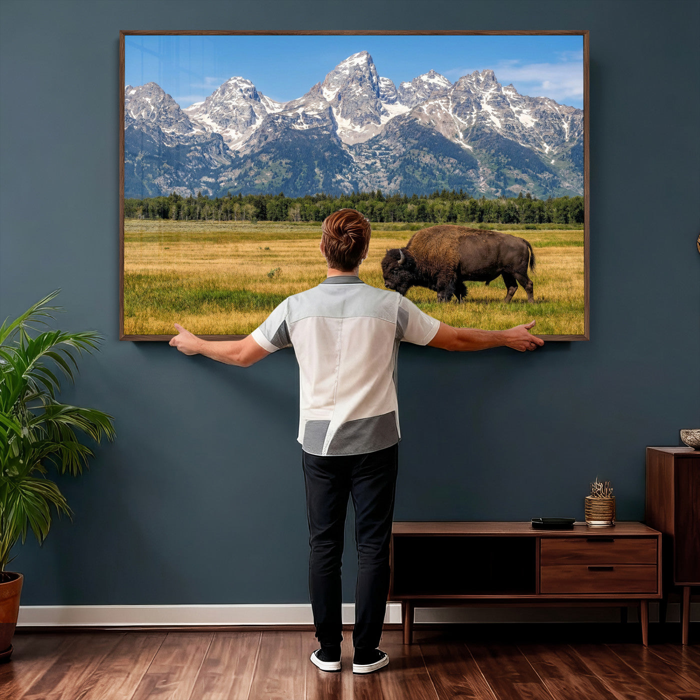 20424529-MGV-CV-36X24 - Bison in Mountain Landscape Wall Art Canvas Print – Western Wildlife Artwork for Rustic Living Room Decor
