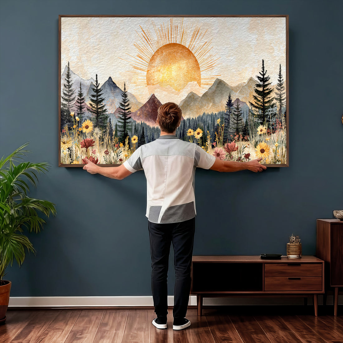 Boho Mountain Landscape Large Wall Art, Horizontal Gold Sun and Flowers Print