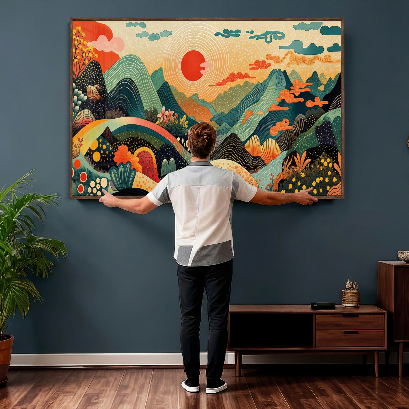 29927191-MGV-CV-36X24 - Yayoi Kusama Boho Mountain Landscape Large Wall Art, Horizontal Gold Framed Canvas Print with Sun and Flowers