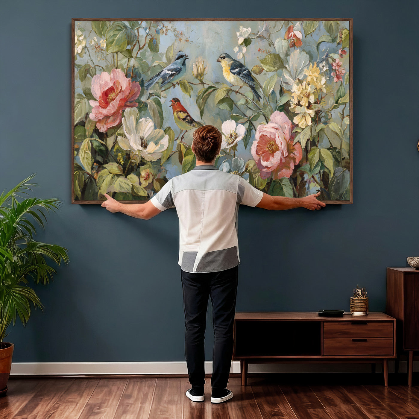 55440837-MGV-CV-36X24 - Vintage Birds and Flowers Wall Art Canvas Print, Botanical Bird Painting Canvas Print, Floral Garden Bird Artwork Canvas Print, Classic Bird Flower Painting Canvas Print