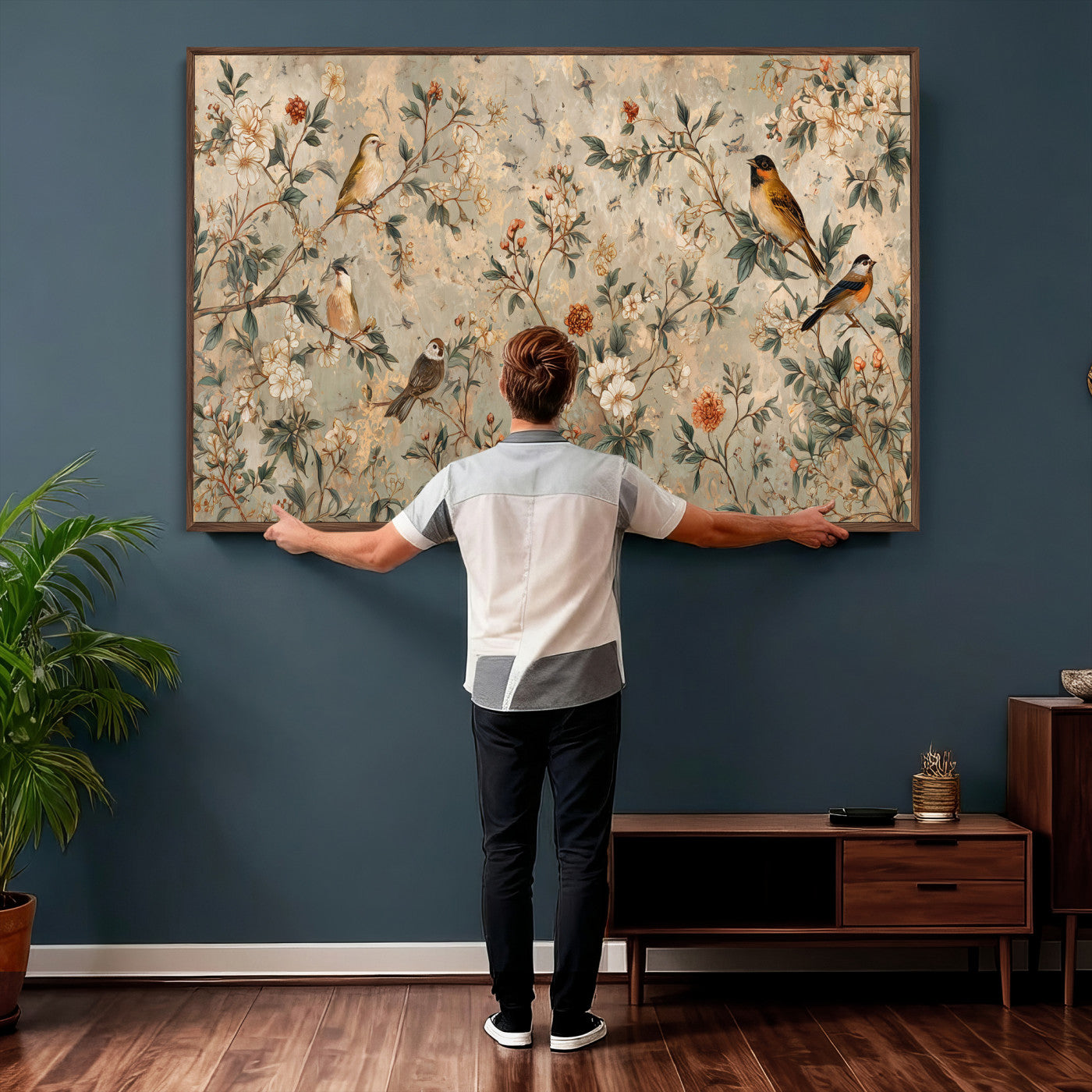 76588438-MGV-CV-36X24 - Vintage Birds and Flowers Wall Art Canvas Print, Botanical Bird Painting Canvas Print, Floral Garden Bird Artwork Canvas Print, Classic Bird Flower Painting Canvas Print
