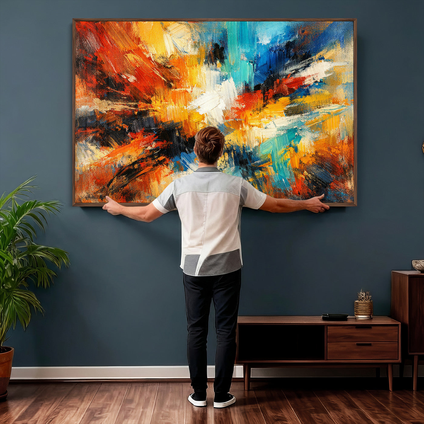 93167583-MGV-CV-36X24 - Geometric Abstract Wall Art Canvas Print, Orange Blue Abstract Expressionist Painting Print, Modern Geometric Abstract Canvas Art