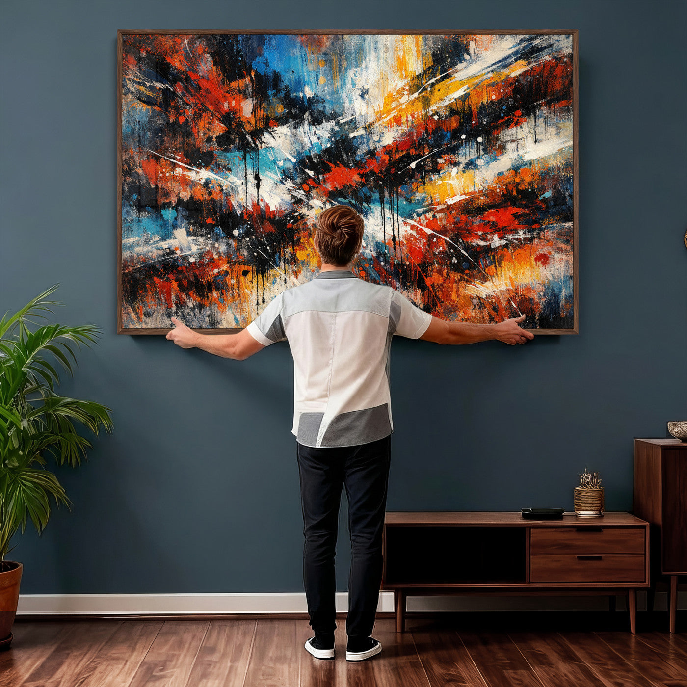 80276069-MGV-CV-36X24 - Geometric Abstract Wall Art Canvas Print, Orange Blue Abstract Expressionist Painting Print, Modern Geometric Abstract Canvas Art