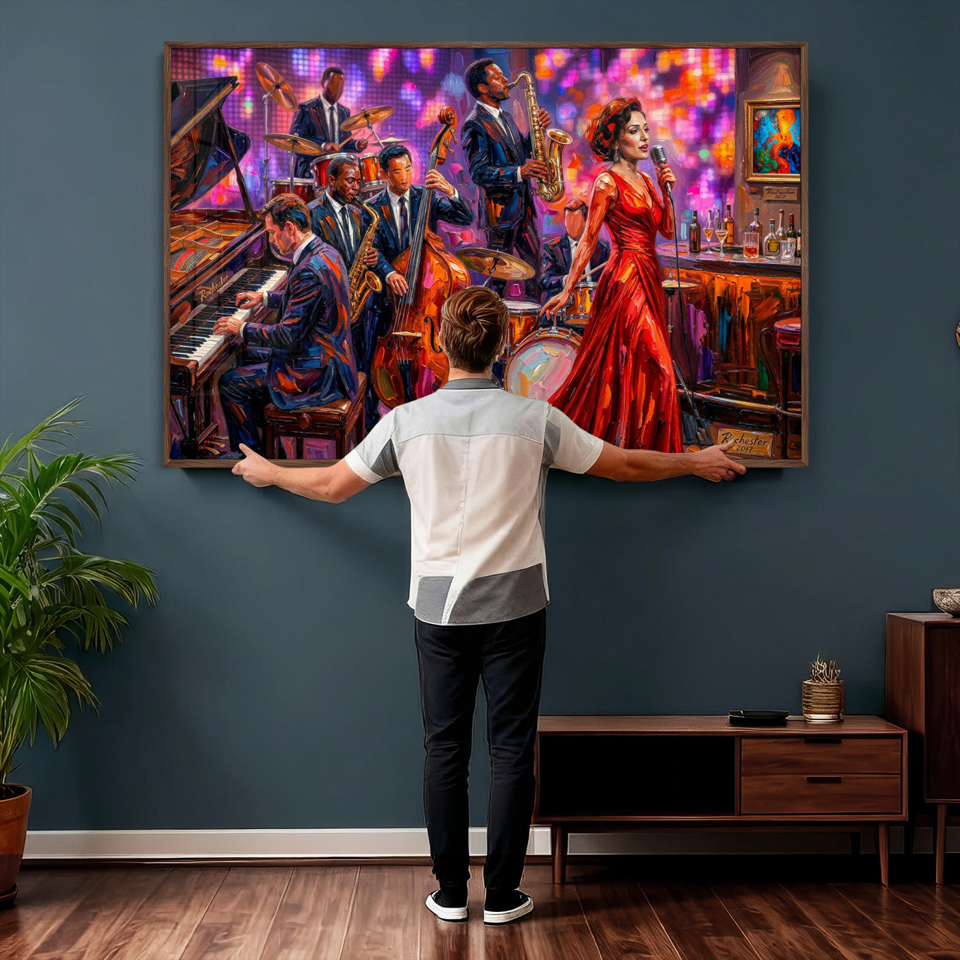 620930J20-MGV-CV-36X24 - Jazz Band Canvas Wall Art — Jazz Club Singer Saxophone Print | Music Wall Decor | Bar Restaurant Art | Music Lover Gift | Jazz Home Decor