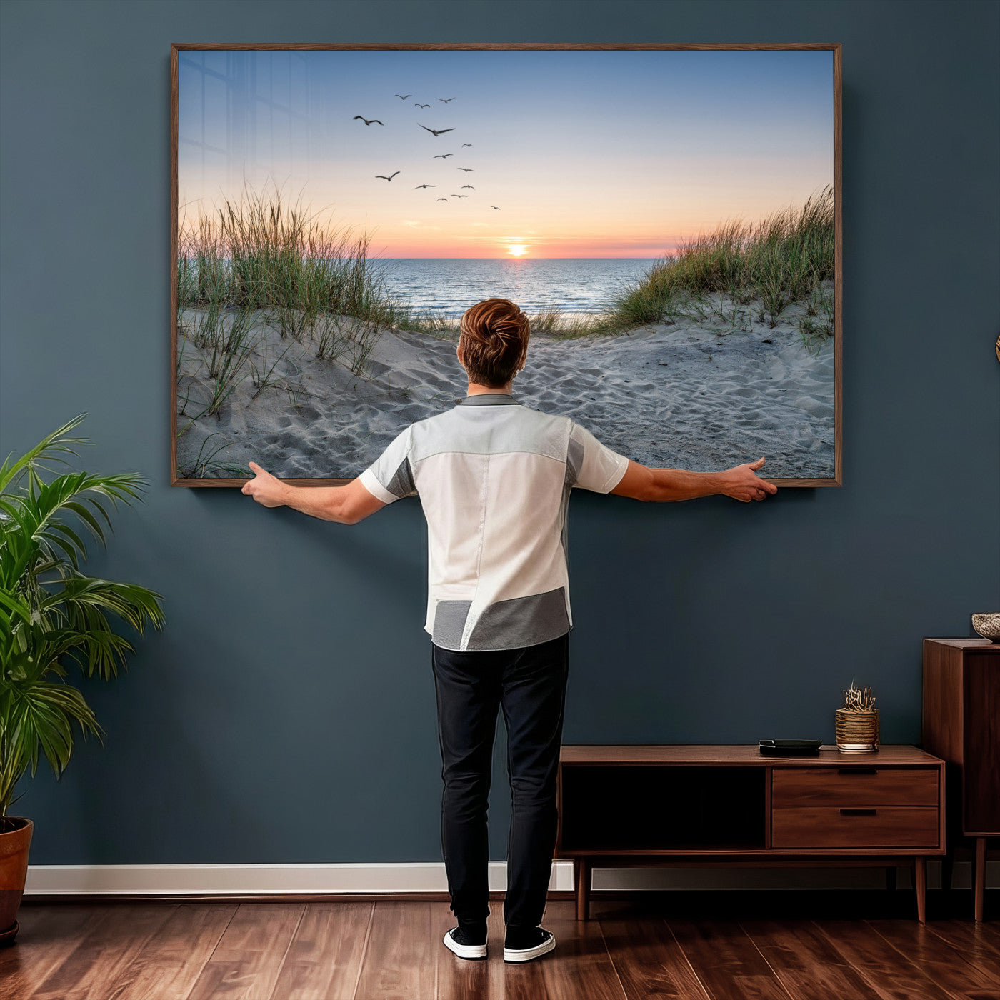 12172032-MGV-CV-36X24 - Sandy Dune Path Sunset Canvas Wall Art — Seagulls Beach Ocean Photography Print | Coastal Home Decor | Nautical Wall Art | Beach House Gift