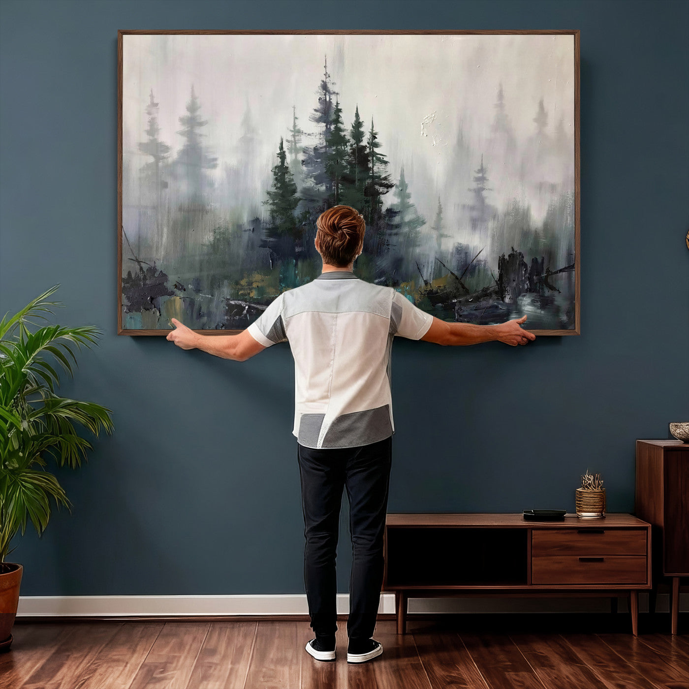 94143325-MGV-CV-36X24 - Misty Pine Forest Oil Painting Canvas — Dark Moody Teal Grey Tree Print | Japandi Scandinavian Wall Art | Minimalist Nature Decor Gift
