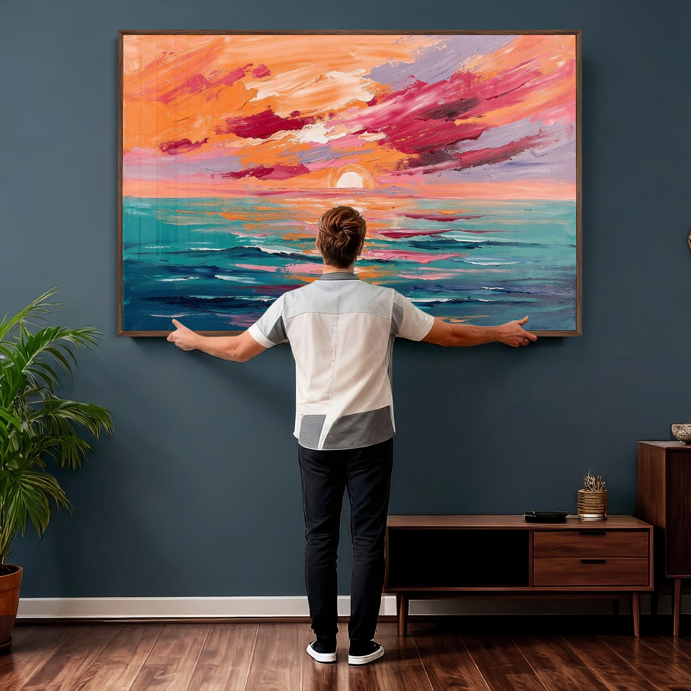 26763902-MGV-CV-36X24 - Bold Palette Knife Ocean Sunset Canvas — Orange Pink Teal Expressionist Sea Print | Colorful Coastal Wall Art | Vibrant Beach Decor Gift