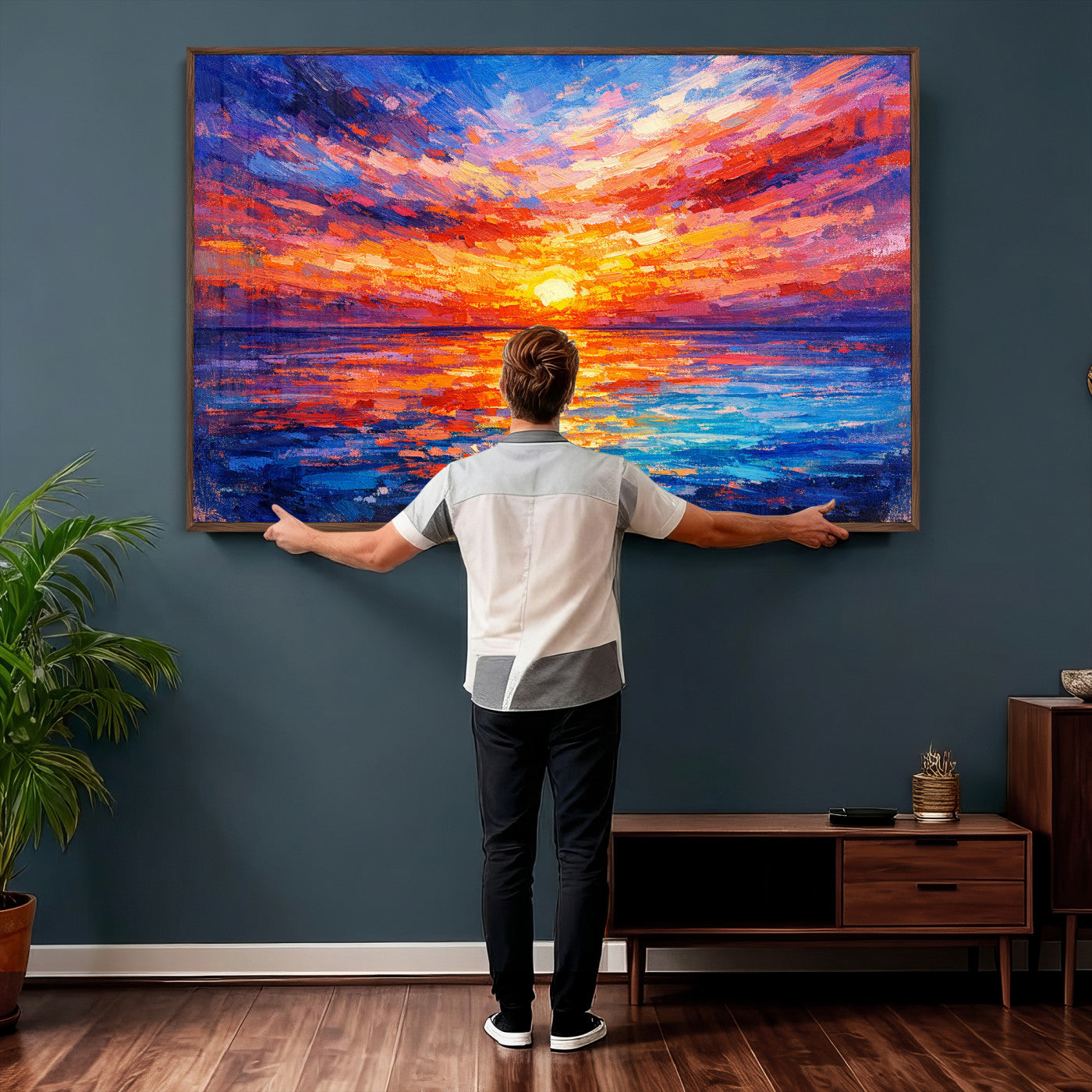 54915078-MGV-CV-36X24 - Colorful Knife Ocean Sunset Canvas — Orange Pink Teal Expressionist Sea Print | Colorful Coastal Wall Art | Vibrant Beach Decor Gift