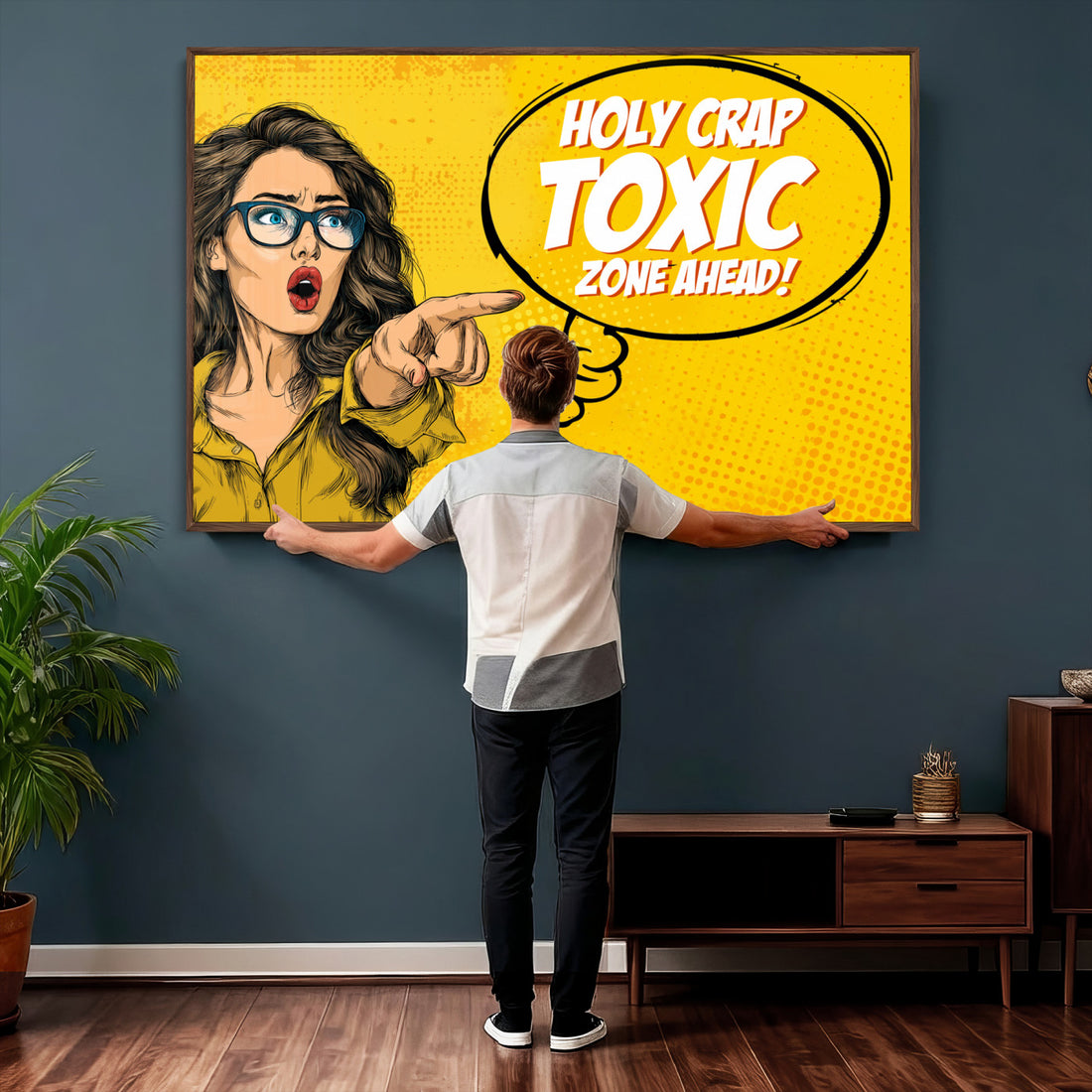 Pop Art Bathroom Sign Wall Art Canvas Print | Funny Yellow Comic Toilet Decor