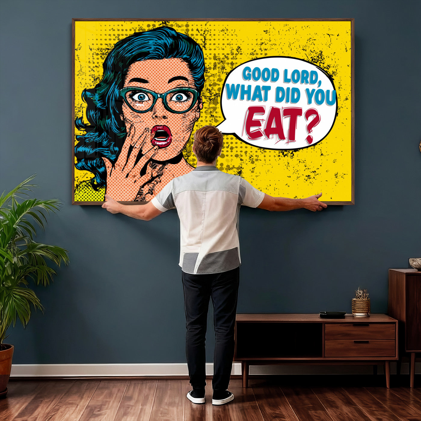 88217969-MGV-CV-36X24 - Pop Art Print Bathroom Sign Wall Art Canvas Print — Funny Bathroom Canvas | Comic Style Toilet Wall Decor | Humor Gift | Yellow Bold Bathroom Art