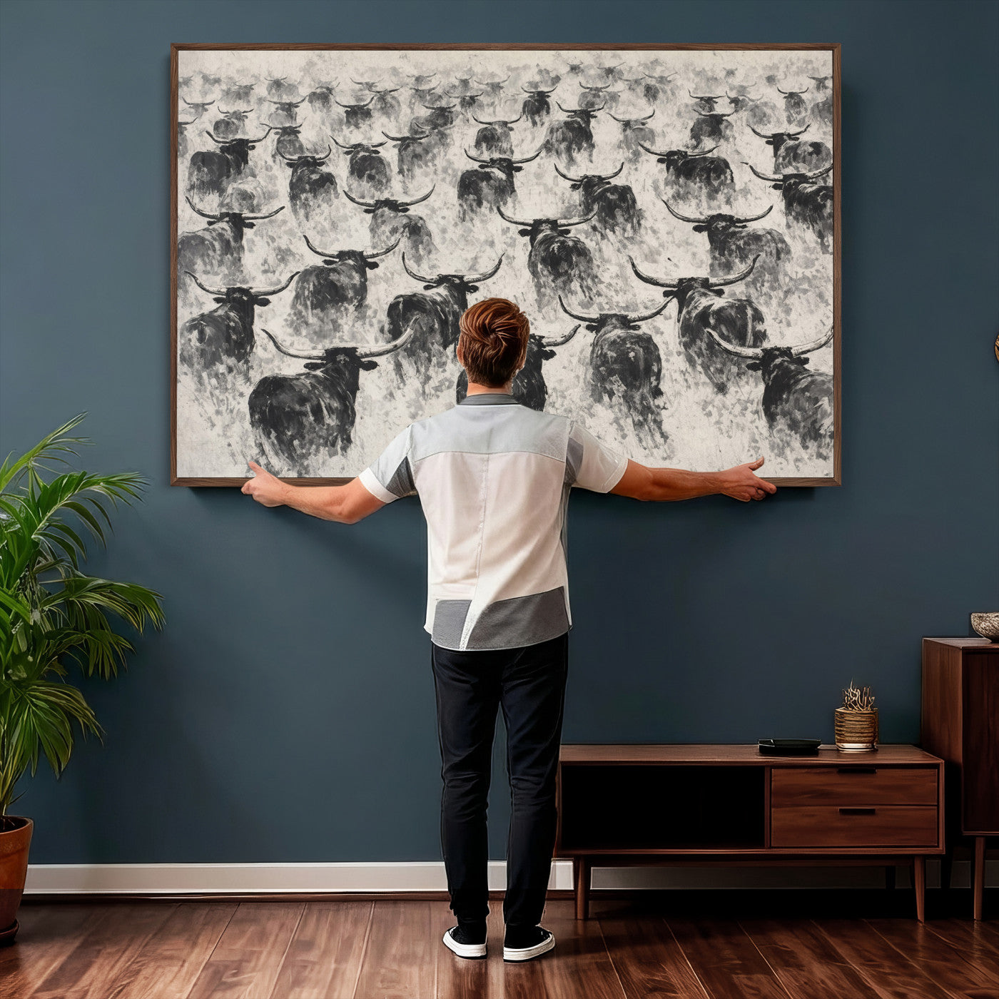 73328525-MGV-CV-36X24 - Texas Longhorn Drawing Canvas Wall Art, Western Cattle Stampede Painting Print, Warm Amber Ranch Decor, Rustic Cowboy Home Art, Large Living Room Decor