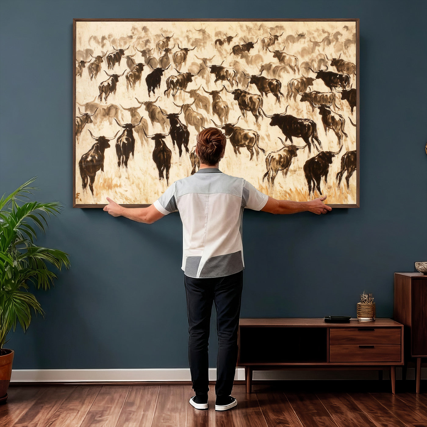 39077774-MGV-CV-36X24 - Texas Longhorn Sepia Canvas Wall Art, Western Cattle Stampede Painting Print, Warm Amber Ranch Decor, Rustic Cowboy Home Art, Large Living Room Decor